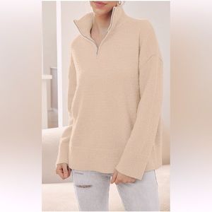Quarter Zip Oversized Cream Sweater with Dolman Sleeve, Size Small
